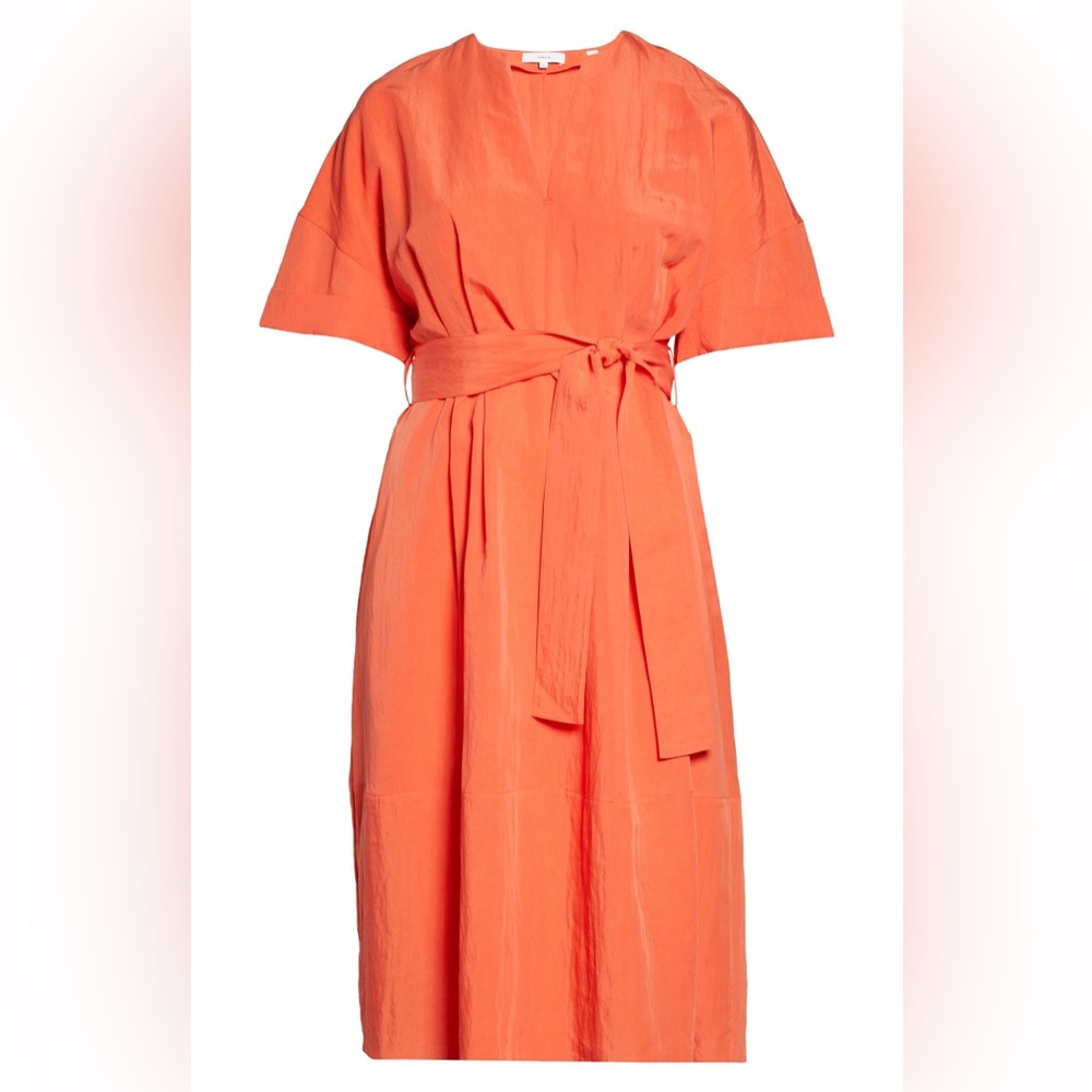Vince Cuff Sleeve Belted Midi Vibrant Orange dress with Belt Large - Picture 9 of 10